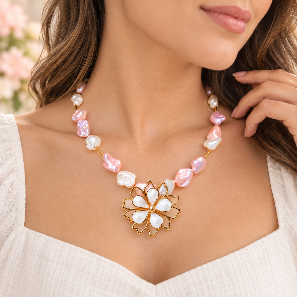 Baroque Rose and White Quartz Blossom Statement Necklace