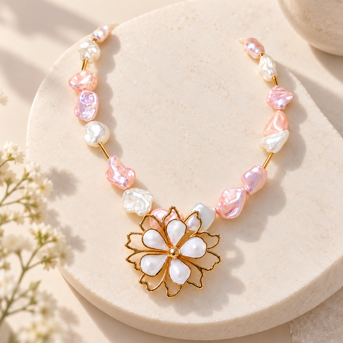 Baroque Rose and White Quartz Blossom Statement Necklace