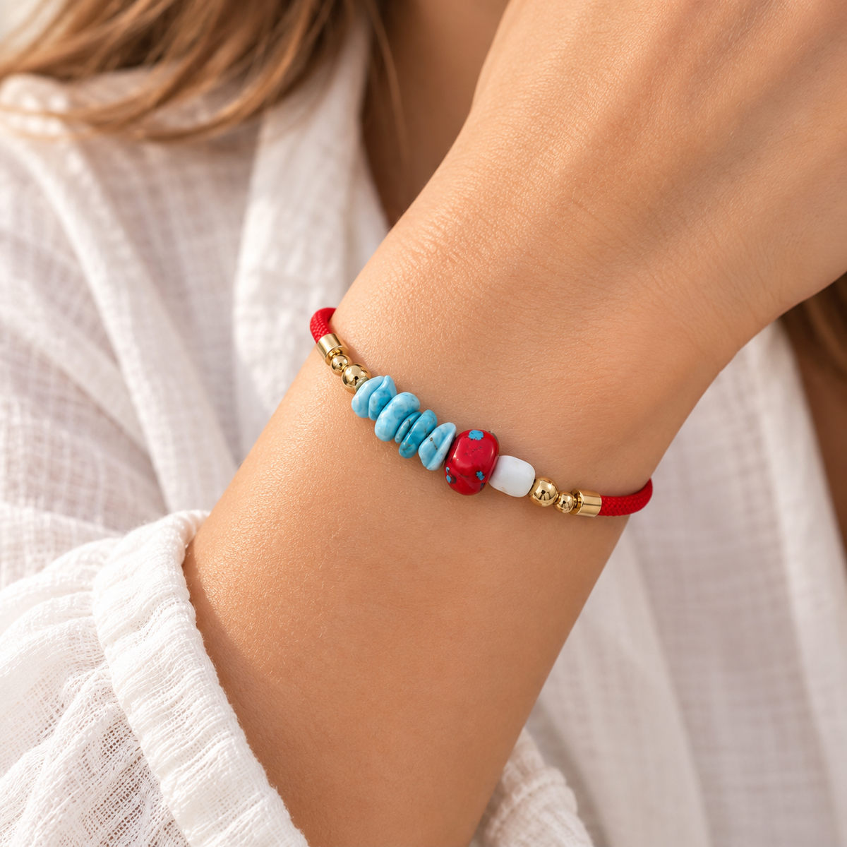 Bohemian Red Cord Bracelet with Lapis Lazuli Beads