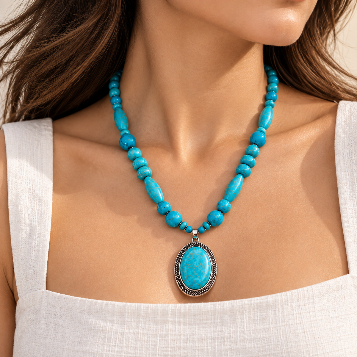 Larimar Stone Beaded Necklace with Oval Pendant