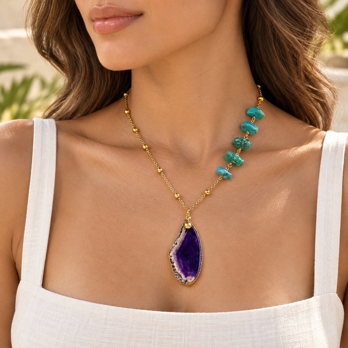 Gold Turquoise & Amethyst Statement Necklace