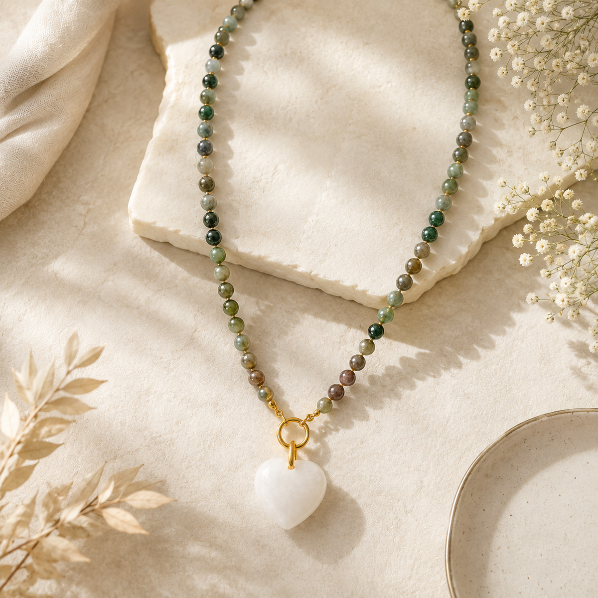 Natural Gemstone Heart Necklace | Green Beaded Stone Necklace