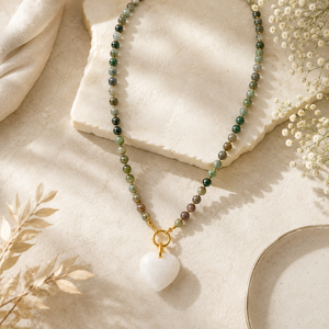 Natural Gemstone Heart Necklace | Green Beaded Stone Necklace