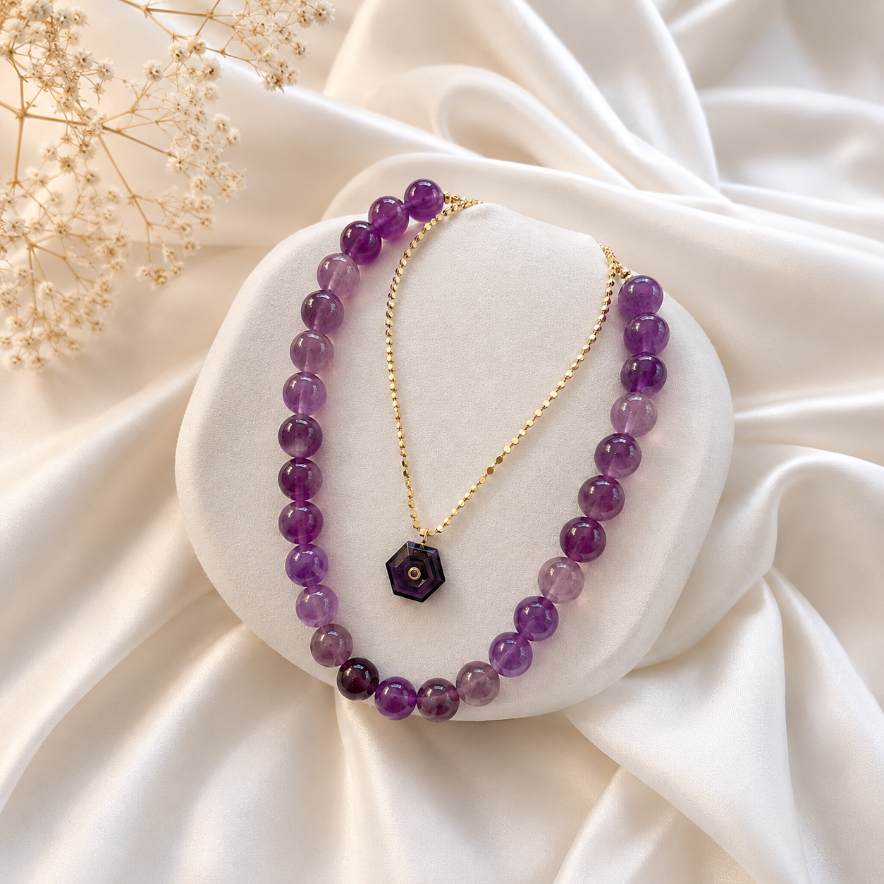 Natural Amethyst Layered Necklace Set with Gold Hexagon Pendant