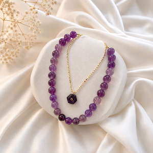 Natural Amethyst Layered Necklace Set with Gold Hexagon Pendant