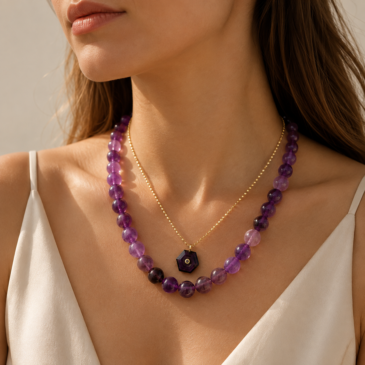 Natural Amethyst Layered Necklace Set with Gold Hexagon Pendant