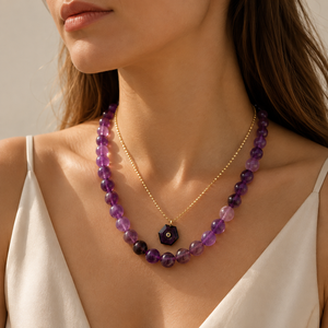 Natural Amethyst Layered Necklace Set with Gold Hexagon Pendant