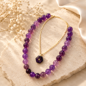 Natural Amethyst Layered Necklace Set with Gold Hexagon Pendant