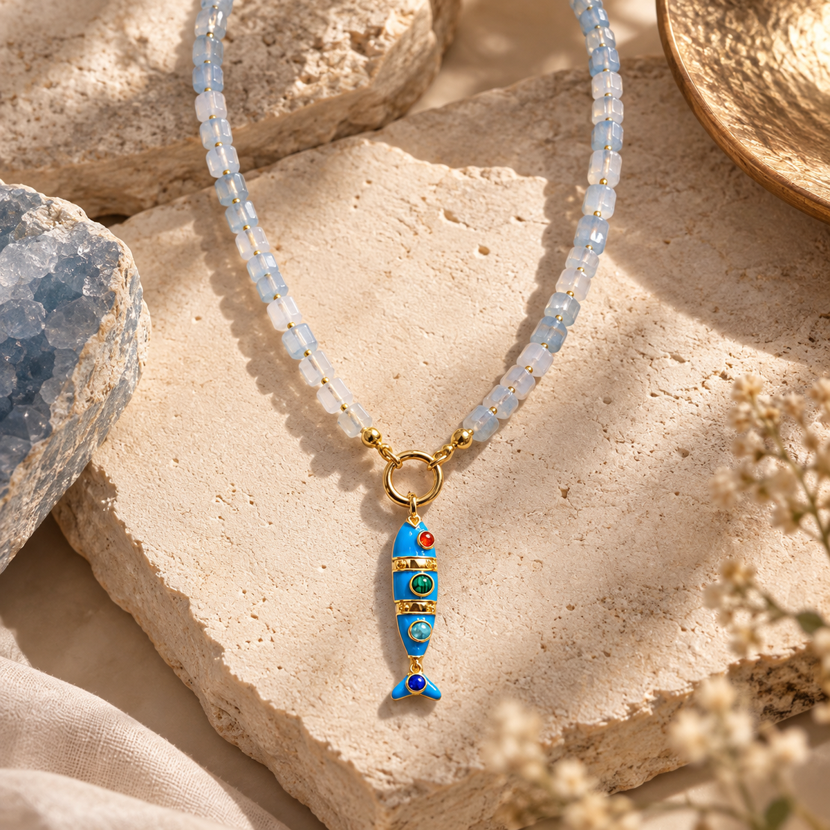Blue Fish Charm Beaded Necklace