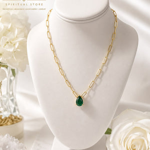 Paperclip Gold Necklace with Emerald Drop