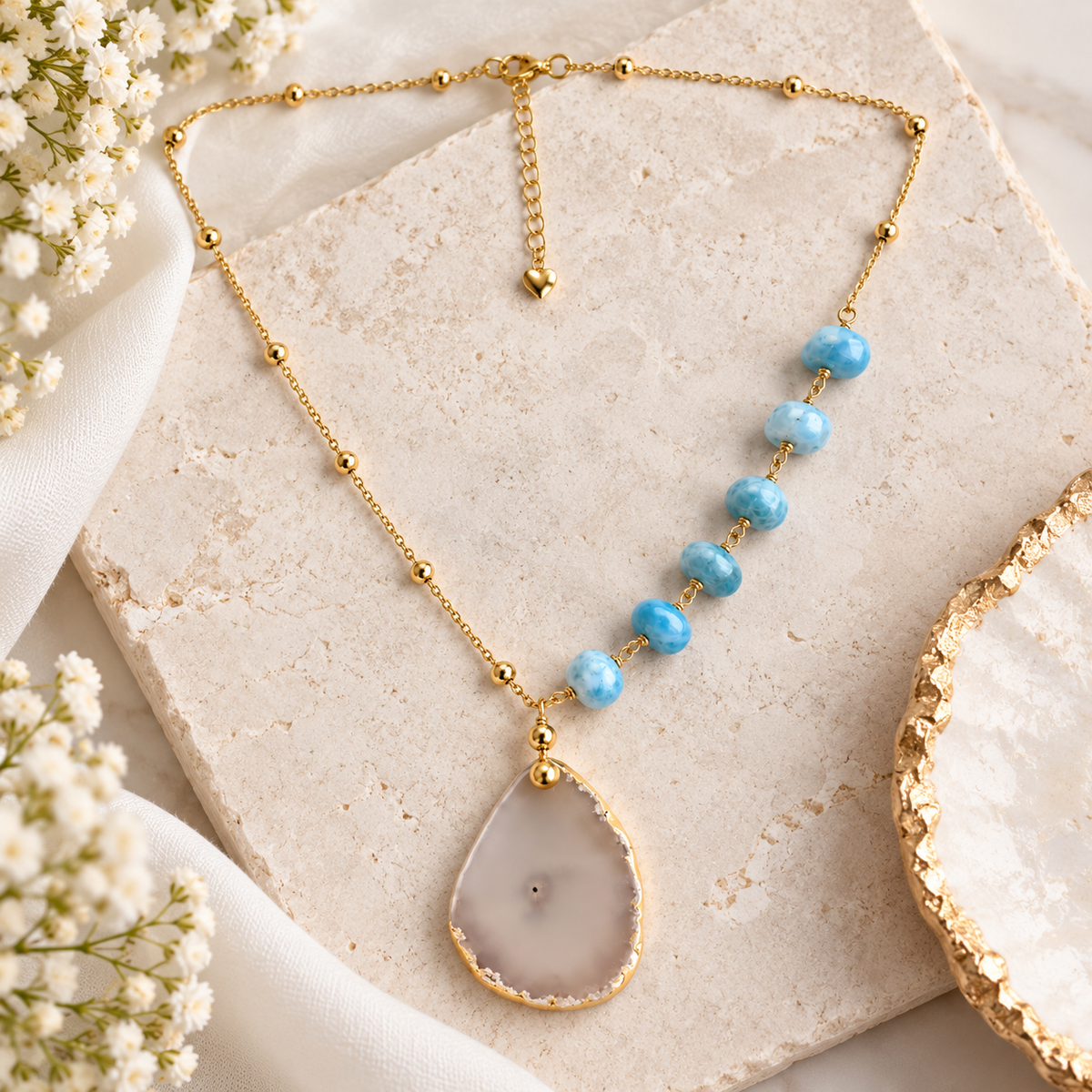 Larimar Bead Quartz Pendant Necklace