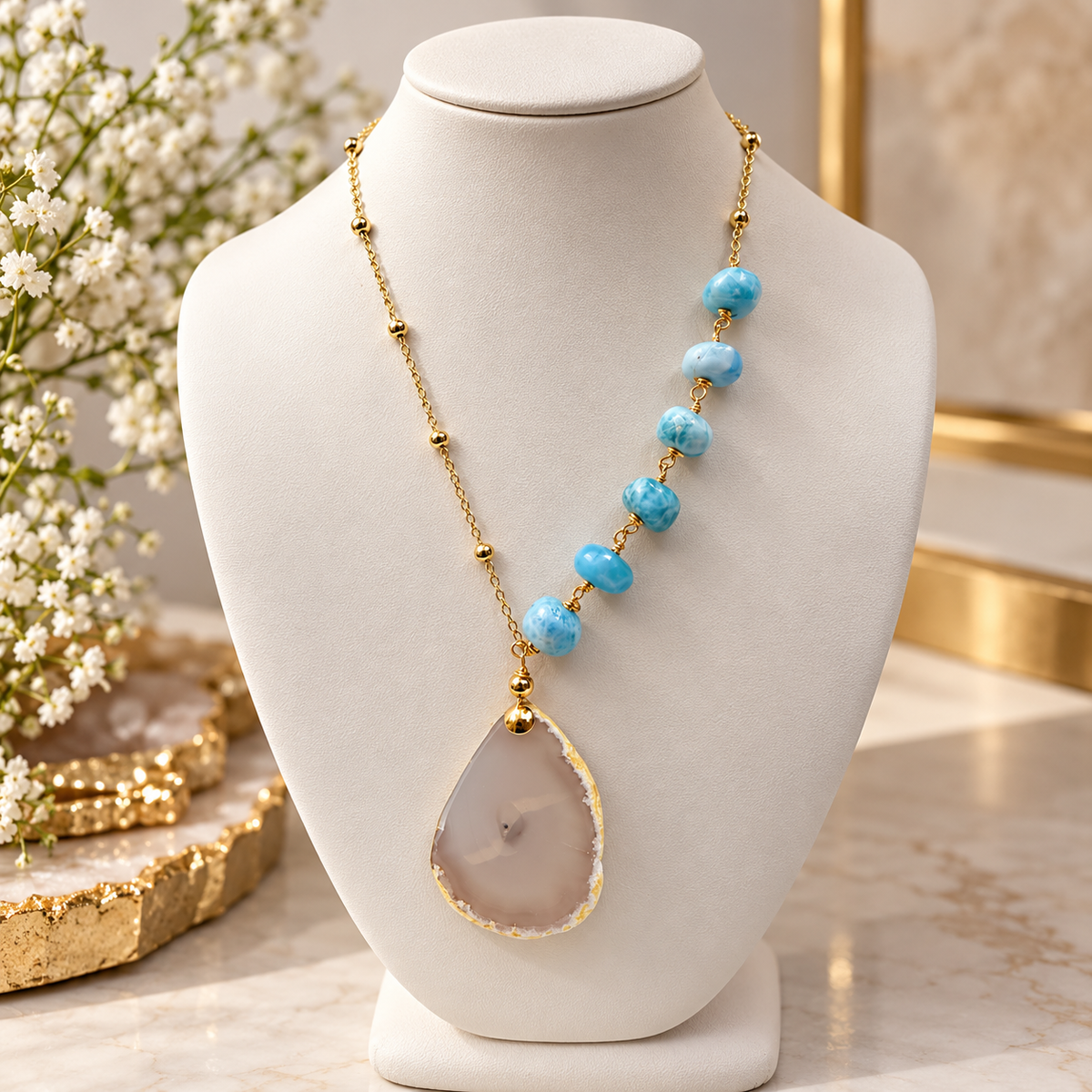 Larimar Bead Quartz Pendant Necklace