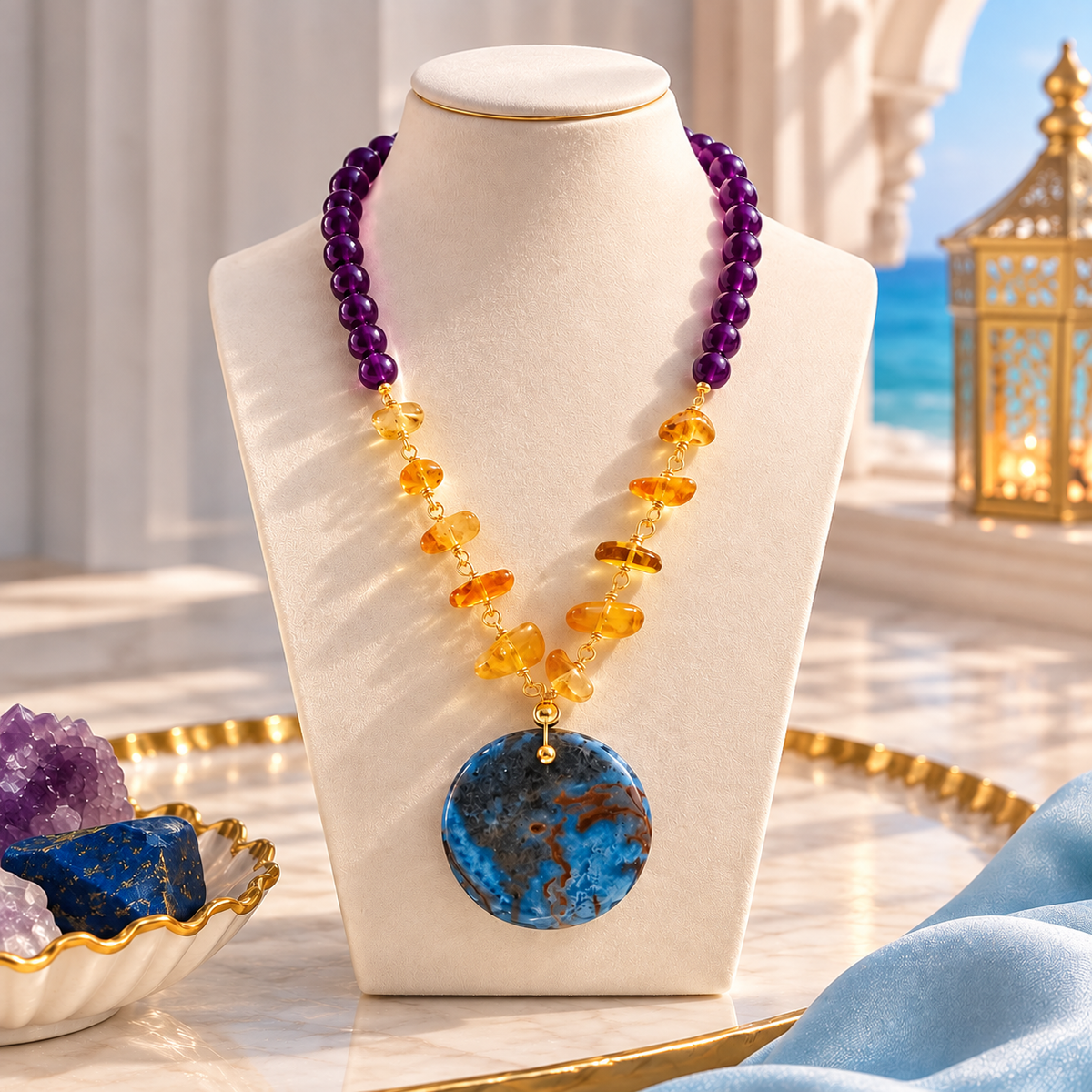 Purple Amber, Amethyst, and Lapis Lazuli Statement Necklace