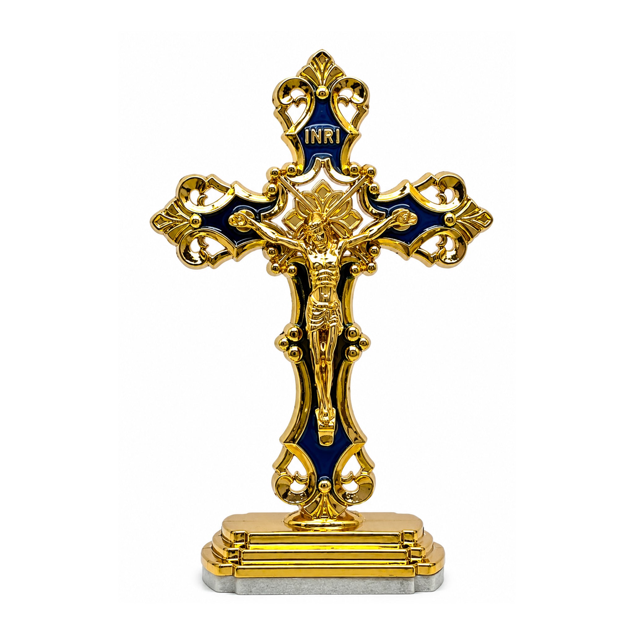 Sacred Protection - Jesus Christ Crucifix Adhesive Dashboard Ornament (Navy Blue & Gold 3”)