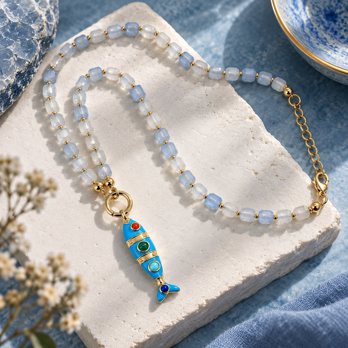 Blue Fish Charm Beaded Necklace
