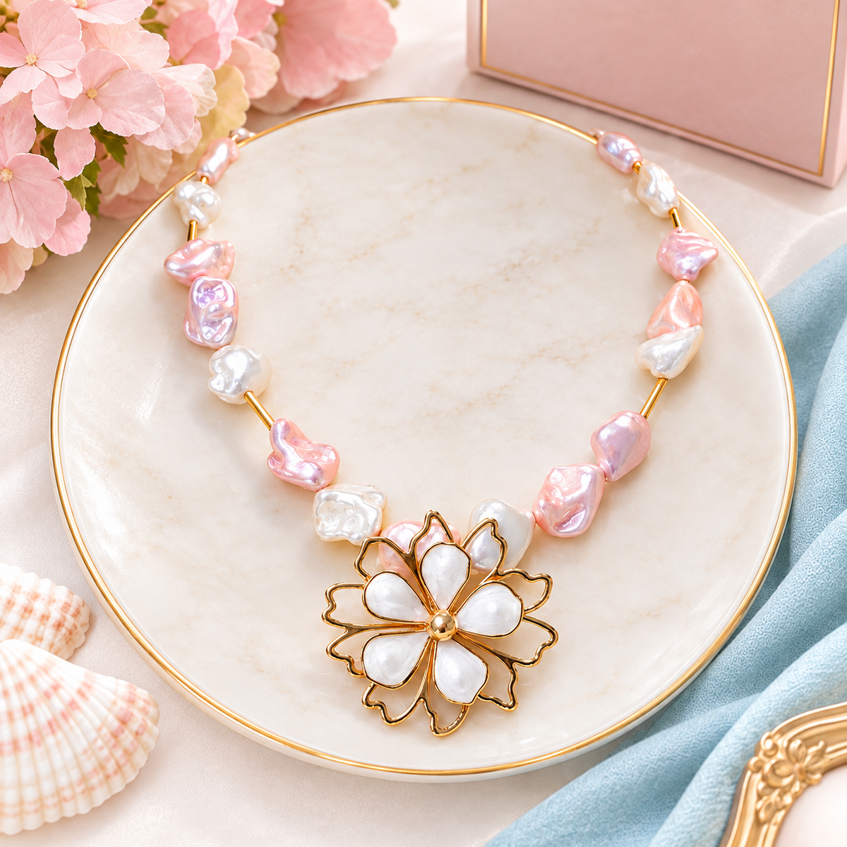 Baroque Rose and White Quartz Blossom Statement Necklace