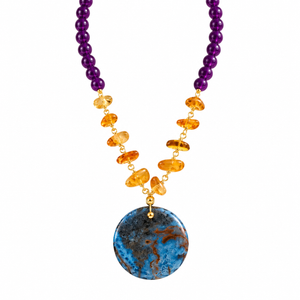 Purple Amber, Amethyst, and Lapis Lazuli Statement Necklace