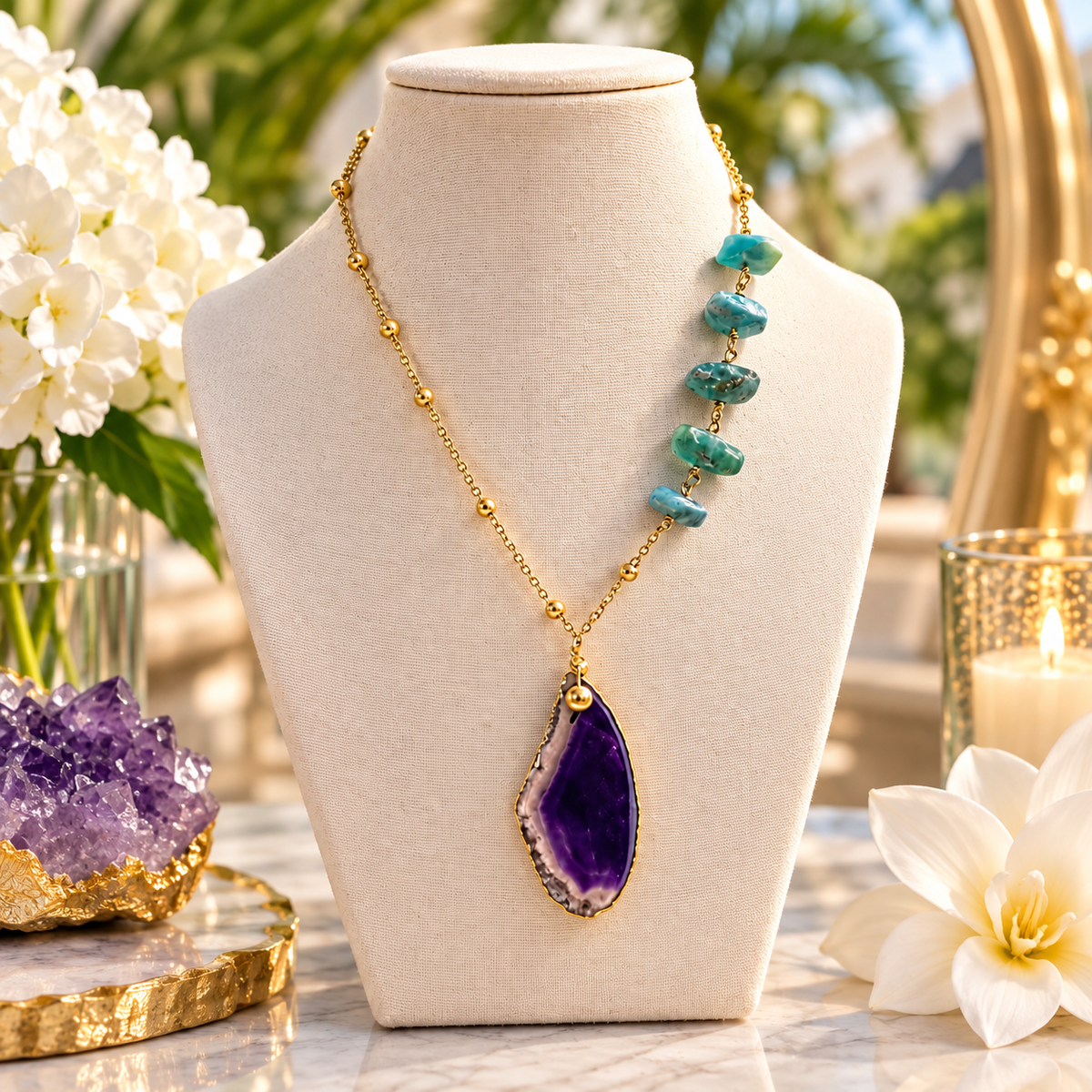 Gold Turquoise & Amethyst Statement Necklace