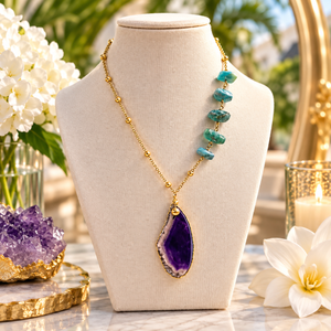 Gold Turquoise & Amethyst Statement Necklace