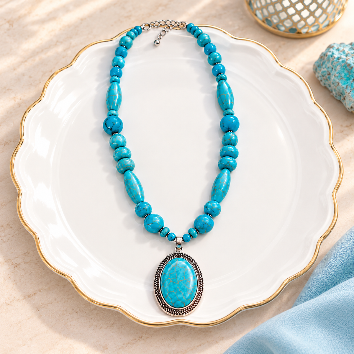 Larimar Stone Beaded Necklace with Oval Pendant