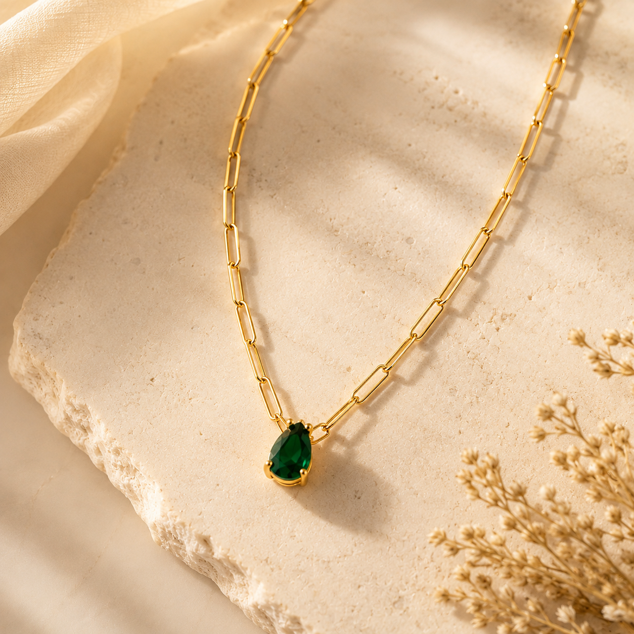 Paperclip Gold Necklace with Emerald Drop