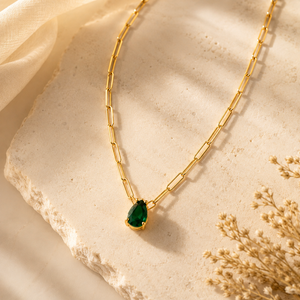 Paperclip Gold Necklace with Emerald Drop
