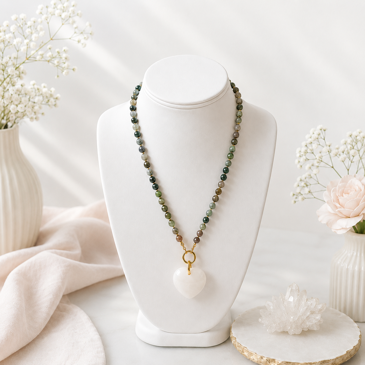 Natural Gemstone Heart Necklace | Green Beaded Stone Necklace