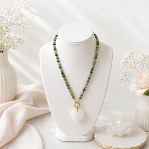 Natural Gemstone Heart Necklace | Green Beaded Stone Necklace