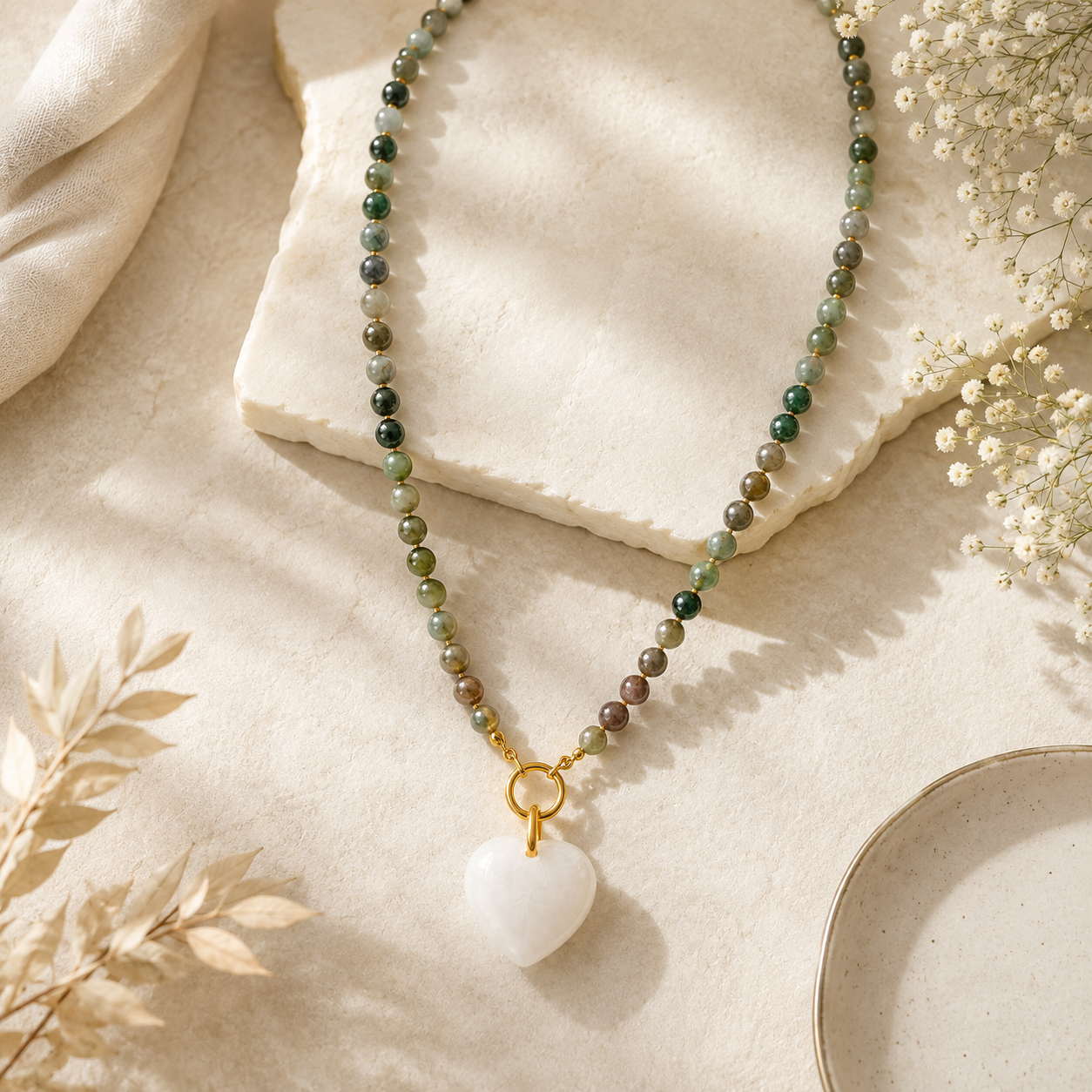 Natural Gemstone Heart Necklace | Green Beaded Stone Necklace