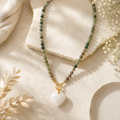 Natural Gemstone Heart Necklace | Green Beaded Stone Necklace